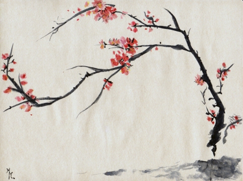Fleurs de cerisiers peint à l'encre chinoise. © 2016 Marielle Marenati - Tous droits réservés.